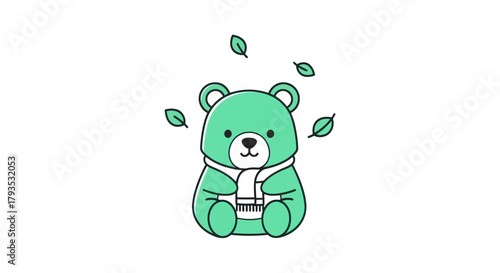 Cartoon bear with scarf sitting with leaves falling vector illustration