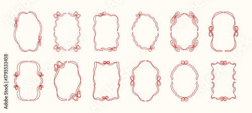Romantic ribbon frames set. Elegant ribbon frame design with bow, whimsical hand-drawn wavy ribbons for wedding, birthday invitation, holiday gift decorations. Vector illustration