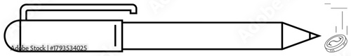 Ballpoint pen with clipped cap paired with a falling coin, signifying decision-making, precision, and financial choices. Ideal for education, business, creativity, budgeting, finance writing