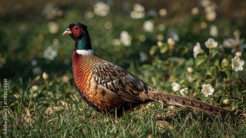 Naklejka premium A pheasant standing on grass with white flowers in the background.