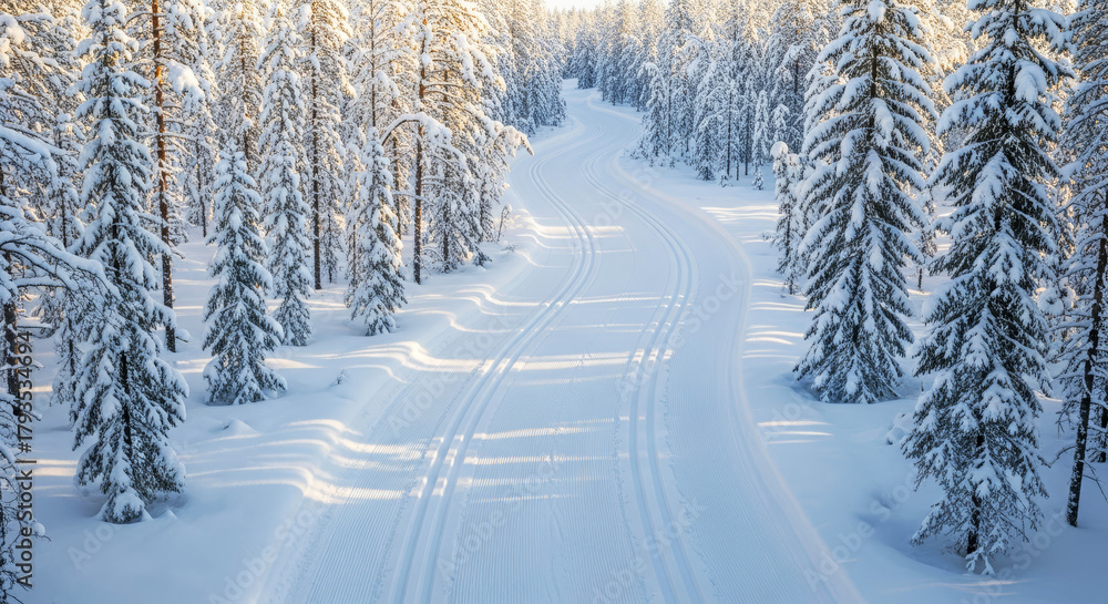 Fototapeta premium Nordic skiing track in snow-covered forest landscape during winter