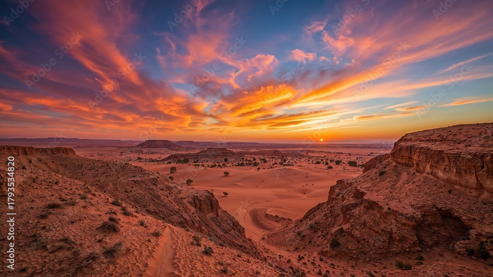 Fototapeta premium Desert landscape with cliffs at sunset showcasing vibrant sky and dramatic clouds. Natural scenery and horizon view during evening.