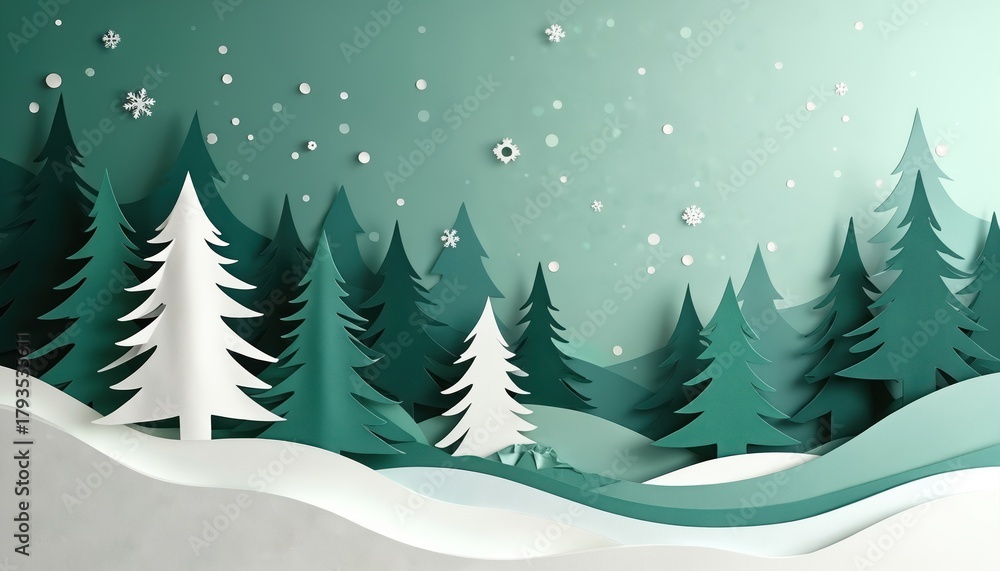 Obraz premium Green pine trees in snowy landscape made in cut paper art style. White snowflakes fall on layered hills. Christmas winter scene with fir trees on gradient blue background. Paper cutout illustration