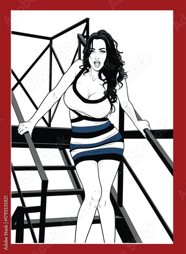 Pop art comic vector illustration of a glamorous woman in a striped mini dress posing on an industrial staircase.