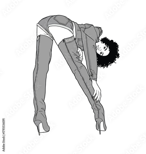 Monochrome vector illustration of a stylish woman with curly afro hair in thigh-high boots and shorts bending over.