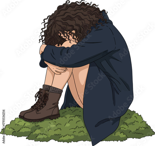 Vector illustration of a sad, lonely woman with curly hair huddled in a large coat, sitting on the ground.