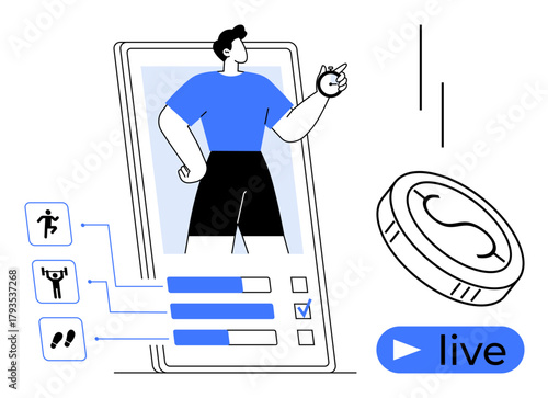 Large smartphone with a fitness trainer, activity metrics, checklist, coin reward, and live icon. Ideal for fitness, health tracking, live coaching, motivation self-improvement gamification simple