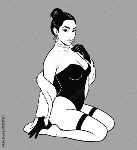 Monochrome vector illustration of a glamorous woman in a bodysuit, fur coat, gloves, and garter stockings kneeling.
