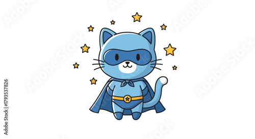 Cartoon cat superhero illustration with stars on white background