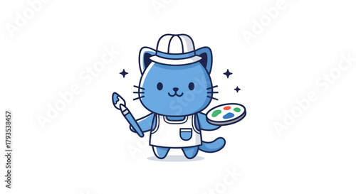 Cartoon cat artist holding brush and palette on white background