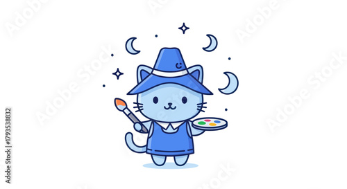Cartoon cat artist with paintbrush and palette night sky illustration