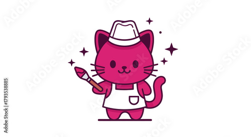 Cartoon cat character holding paintbrush in vector illustration