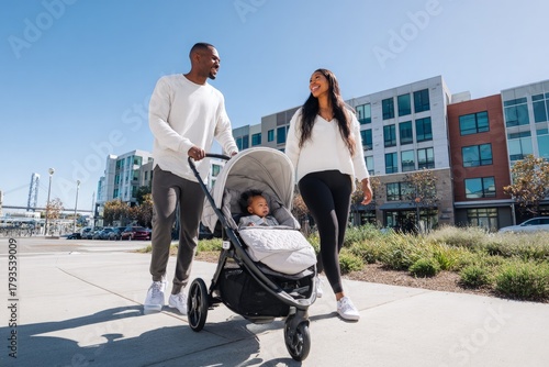 African American parents walk city sidewalk, pushing baby in stroller, enjoying sunny day together.