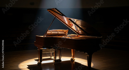 grand piano lid opened with single beam of light entering from above