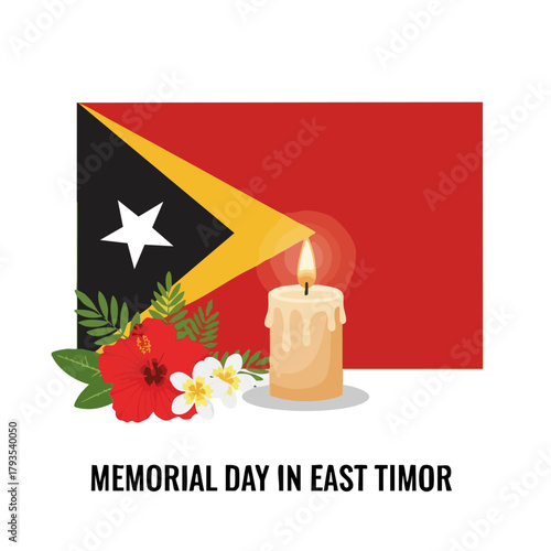 East Timor Memorial Day Illustration with Flag, Candle, and Flowers.