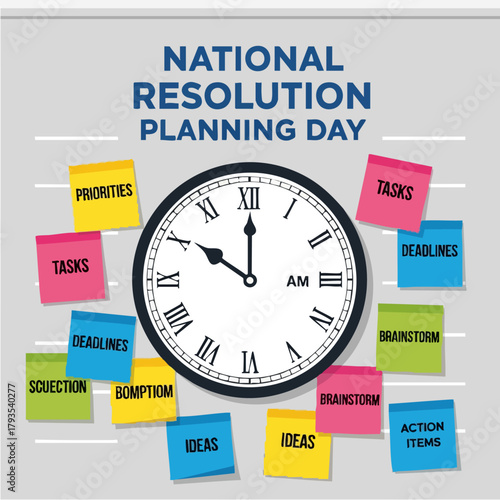 National Resolution Planning Day with Clock and Sticky Notes.