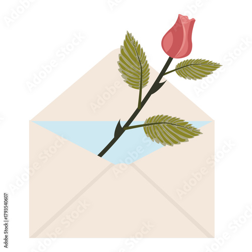 Dusty pink rose. A single cute bud in a mailing envelope. Vector illustration on a white background.