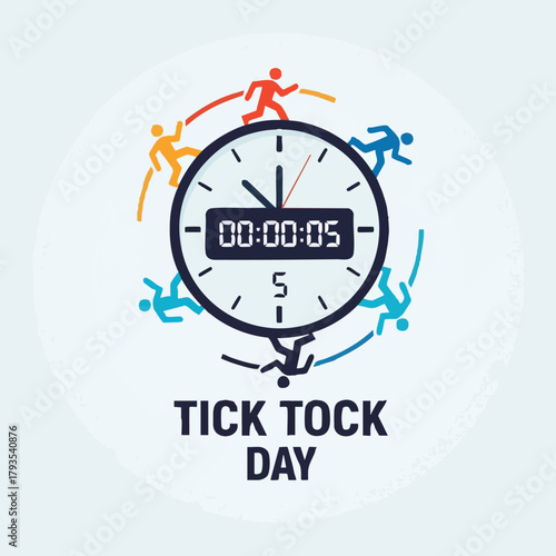 Tick Tock Day Celebration with Clock and Running Figures.