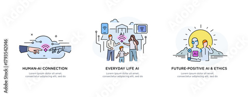 Set of illustrations concept with businessmen. technology, partnership, artificial intelligence business robot, cybes. linear illustration Icons infographics. Landing page site print poster. Line