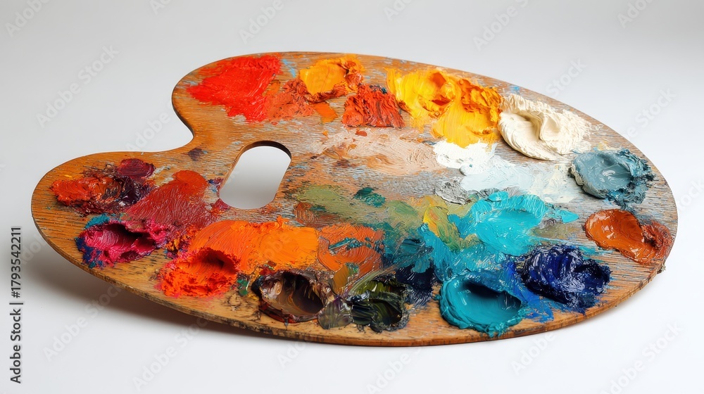 Fototapeta premium Painter s palette with colors on a light backdrop