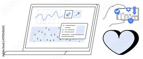Laptop screen showing data graphs, progress metrics, hand holding mobile insights, heart icon. Ideal for technology, analytics, marketing, e-commerce consumer trends social impact health. Simple