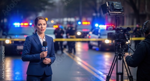 Woman reporter broadcasting live news from crime scene at night. Journalist reporting tragic event. Serious female newscaster with camera and microphone.