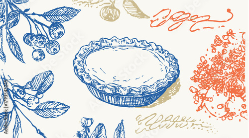 Rustic hand drawn pie illustration with vintage sketch details