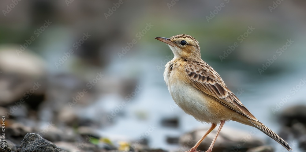 Fototapeta premium Paddyfield pipit Anthus rufus fluffing its feathers Van Long Gia Vien Ninh Binh Vietnam