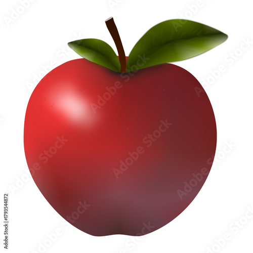 A ripe red apple with shiny skin, green leaves, and a short brown stalk is a symbol of nature, freshness, and health.