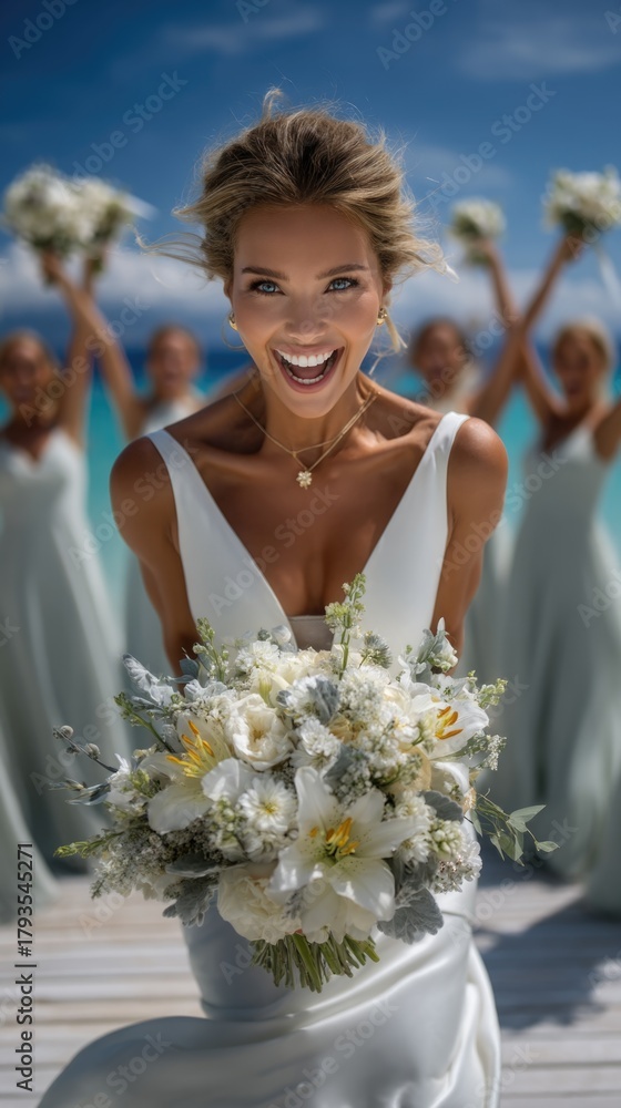 Fototapeta premium Beautiful bride in elegant white wedding dress holding a fresh flower bouquet. Smiling woman celebrates her marriage with happy bridesmaids cheering on a sunny pier by blue sea.