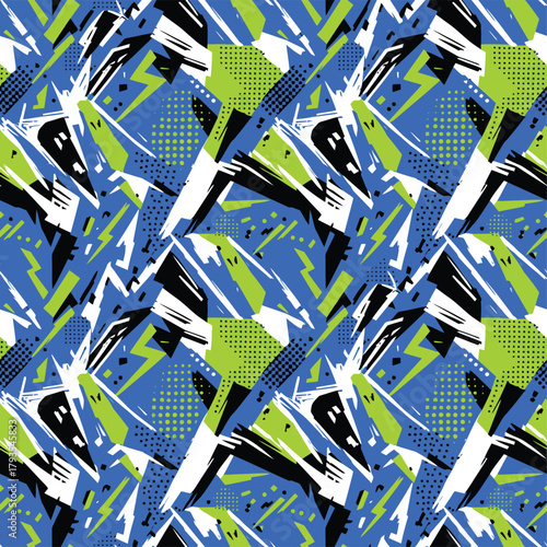 Seamless abstract urban graffiti vector pattern with lightning bolts, brush strokes, and halftone dots in bright blue, green, and black