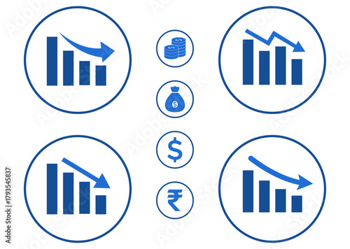 Decreasing Bar graph icons with downward arrow-Blue. Negative ROI symbol with Dollar sack, Rupee, coins. Vector illustration for recession, depreciation, business, financial and stock loss (Isolated)