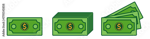 Banknotes icon set- green. Us dollar symbol on cash bundle. Stacked Currency note icons. Banknote vector illustration for money, wealth, capital, fund, banking, business and finance concept (Isolated)