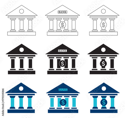 Bank building icon set- Outline, silhouette, blue coloured. Classic bank building icons with front view. Vector illustration for financial architecture, govt building in roman style pillar (Isolated)