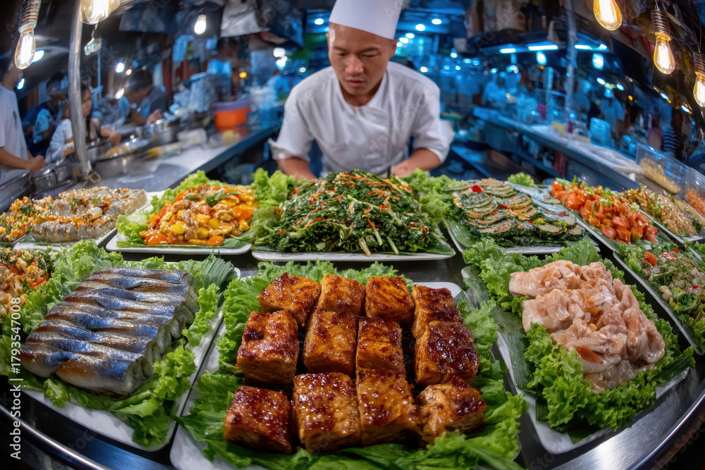 Obraz premium Chef and Display of Prepared Food at Night Market