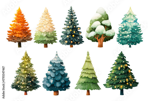 Set of Christmas trees decorated with snow and glowing lights