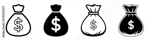 Money bag icon set with dollar symbols- outline and silhouette. 2 set of Dollar sack icons.