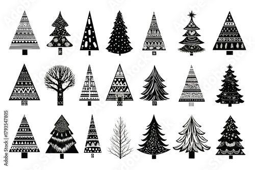 Black silhouette Christmas tree collection on white background