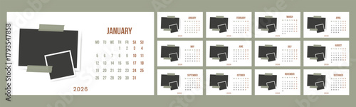 2026 year english calendar set of template monthly horizontal pages. Photo frame collage design planner week starts on Monday. 