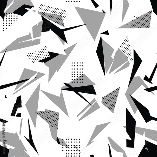 Seamless modern vector pattern with abstract geometric triangles, sharp shards, and halftone dots in monochrome