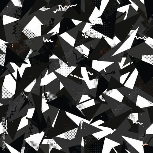 Seamless abstract geometric vector pattern in monochrome, featuring graffiti-style triangles, dots, and zigzags