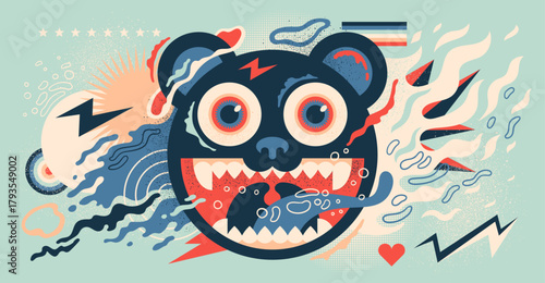 Conceptual illustration with a smiling spooky bear and the colorful abstract shapes. Vector illustration.