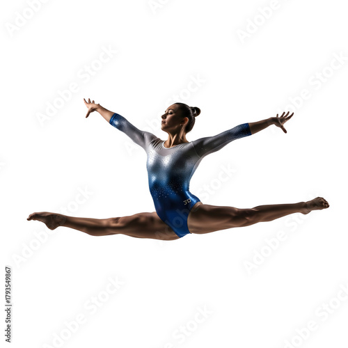 Female gymnast performing a dynamic split jump, transparent background