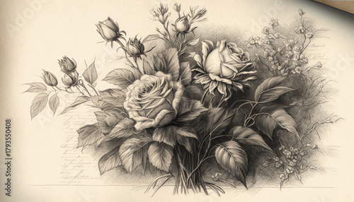 Vintage pencil sketch bouquet of roses on aged paper