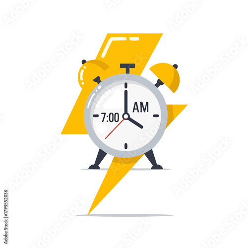 Alarm clock illustration with lightning bolt, representing early morning wake-up calls.