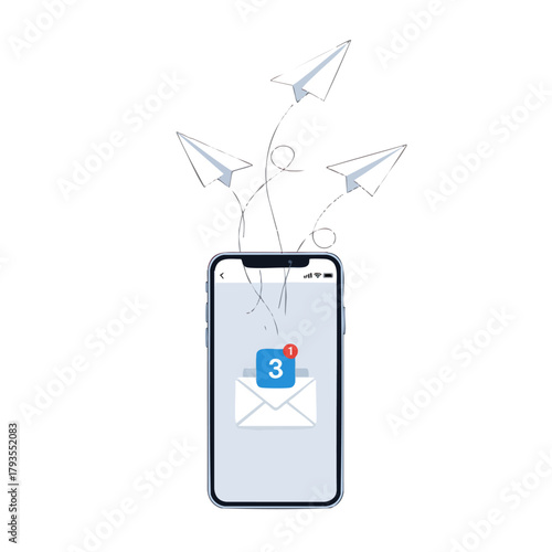 Smartphone displaying email notification with paper airplanes representing digital communication.