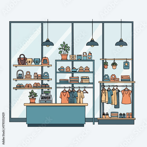 Stylish boutique shop interior with clothes and accessories displayed for sale.