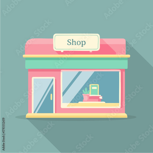 Cute pink shop with a sign, door, and windows, perfect for business and commerce.