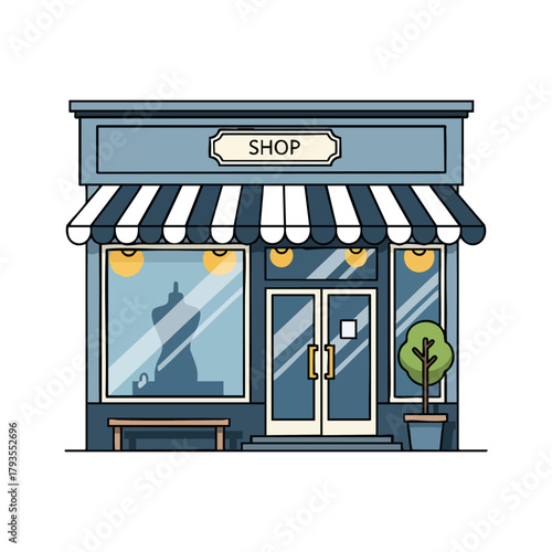 Illustration of a charming shop with a striped awning and inviting windows.