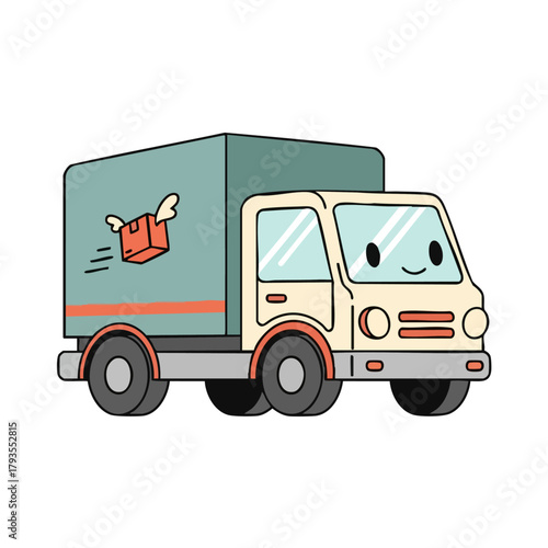Cartoon delivery truck with a happy face transporting packages quickly and efficiently.